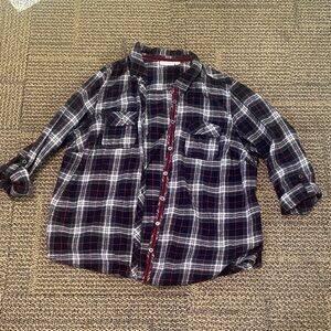 Plaid Button-Down Shirt in Black, White & Red Trim